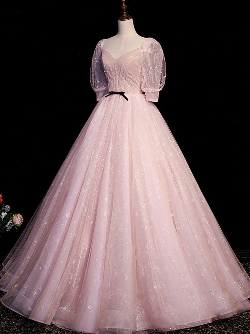 Pink V-Neck Tulle Long Prom Dress, A-Line Short Sleeves Evening Dress US 4 / Pink Pink V-Neck Tulle Long Prom Dress, A-Line Short Sleeves Evening Dress US 4 / Pink