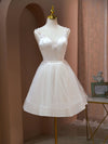 A Line v neck tulle Short Beige Prom Dresses, Cute Puffy Beige Homecoming Dresses With Beading
