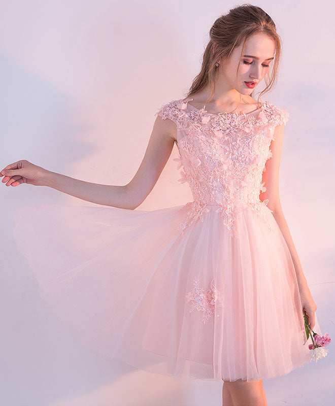Pink Lace Tulle Short Prom Dress, Lace Pink Cute Homecoming Dresses US 10 / Custom Color
