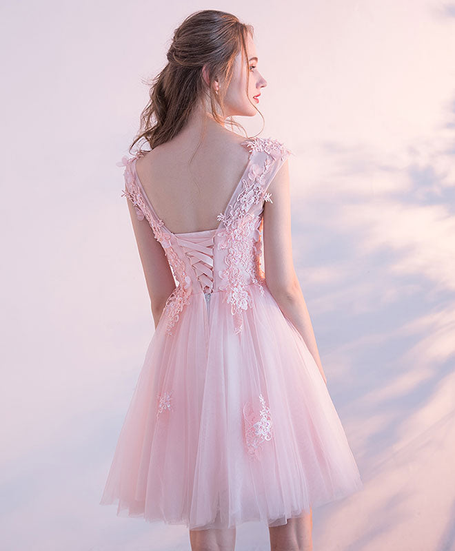 Pink Lace Tulle Short Prom Dress, Lace Pink Cute Homecoming Dresses