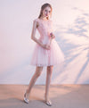 Pink Lace Tulle Short Prom Dress, Lace Pink Cute Homecoming Dresses