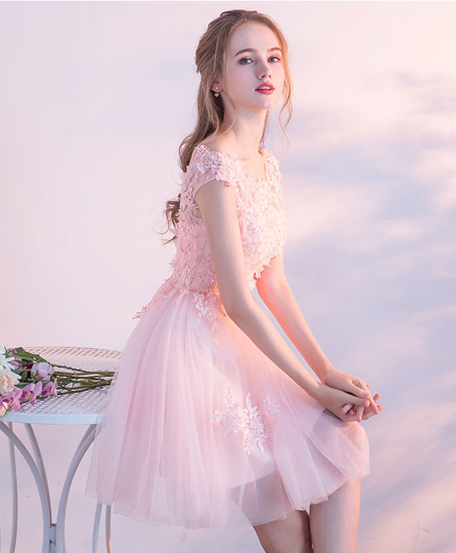 shopluu A Line Sweetheart Neck Pink Short Prom Dresses, Formal Puffy Pink Homecoming Dress with Lace Applique Beading US 10 / Pink