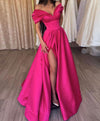 Simple V Neck Off Shoulder Satin Long Prom Dress, Red A Line Evening Dress