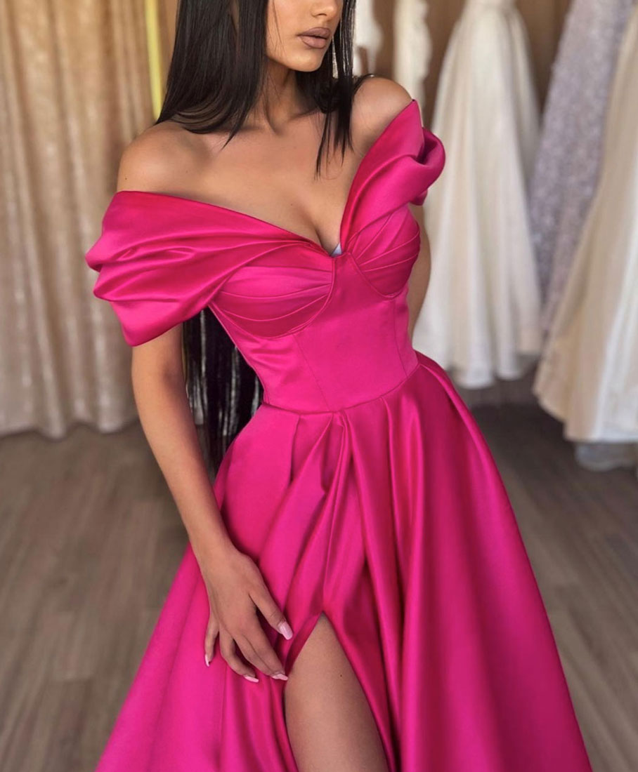 Simple V Neck Off Shoulder Satin Long Prom Dress, Red A Line Evening Dress