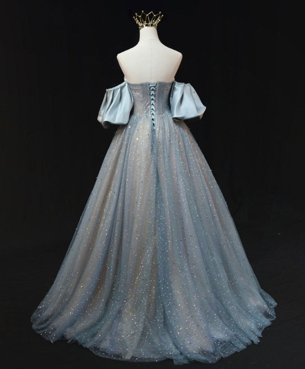 Blue A Line Tulle Long Prom Dress, Blue Tulle Evening Dress with Beading