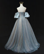 Blue A Line Tulle Long Prom Dress, Blue Tulle Evening Dress with Beading
