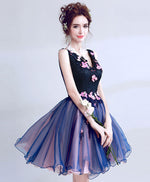 Dark Blue Lace Tulle Short Prom Dress, Puffy Blue Short Homecoming Dress