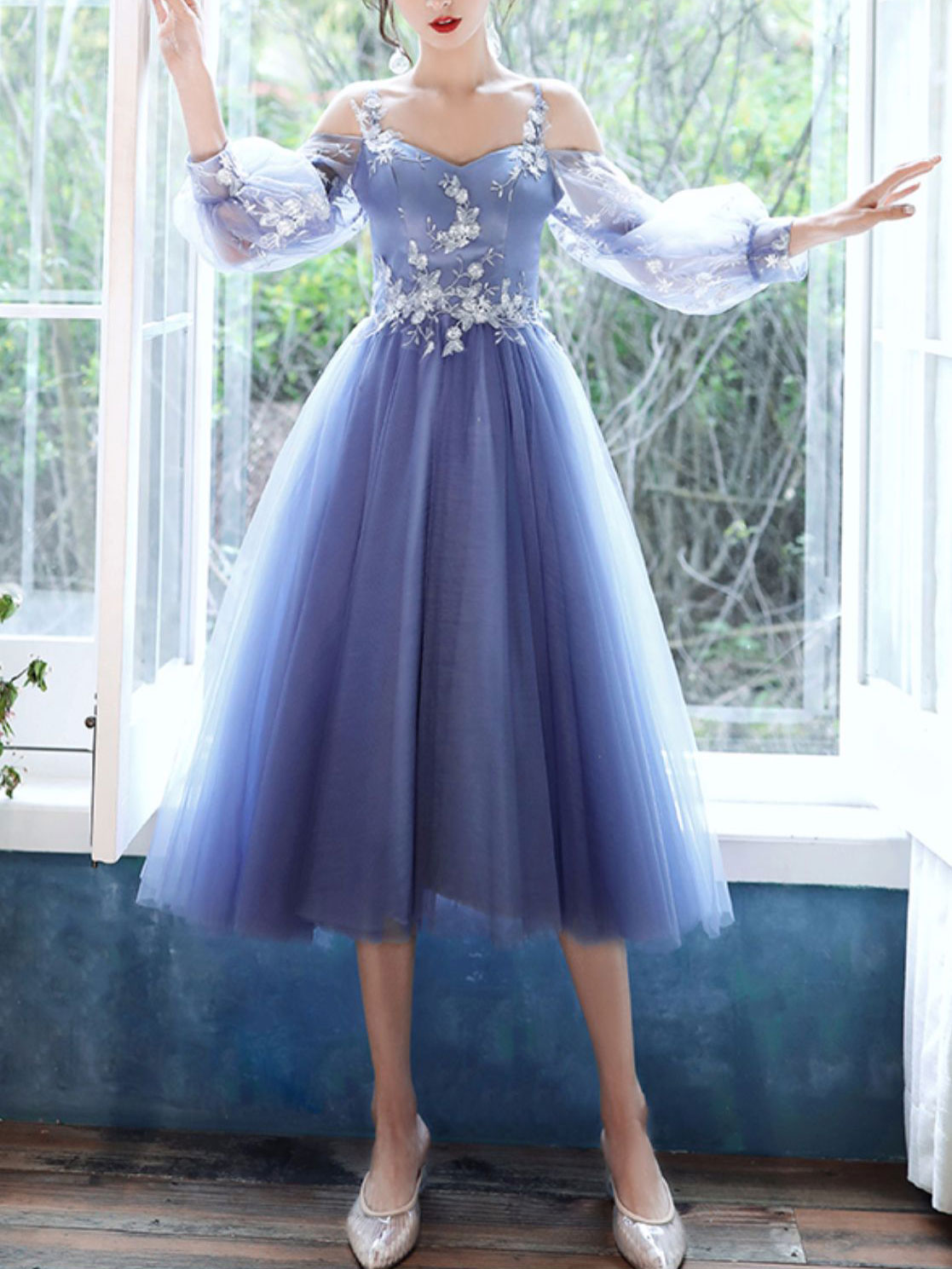Blue Tulle Long Sleeves Short Prom Dress, Blue Short Homecoming Dresse – shopluu