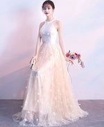 Champagne Lace Tulle Long Prom Dress, Champagne Evening Dress