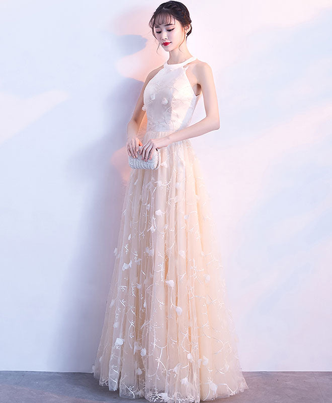 Champagne Lace Tulle Long Prom Dress, Champagne Evening Dress