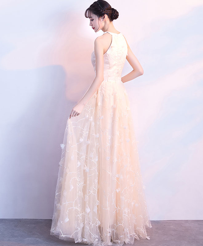 Champagne Lace Tulle Long Prom Dress, Champagne Evening Dress