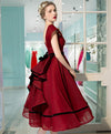 Burgundy V Neck Tea Length Prom Dress, Burgundy Evening Dress