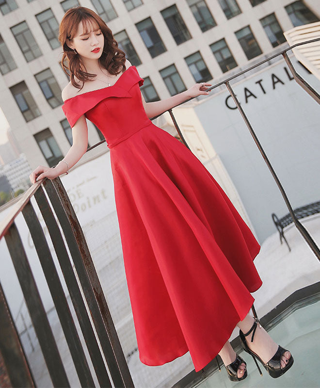 Simple Red Off Shoulder Tea Length Prom Dress, Red Evening Dress
