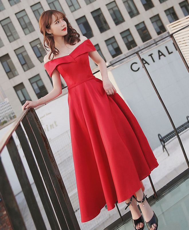 Simple Red Off Shoulder Tea Length Prom Dress, Red Evening Dress – shopluu