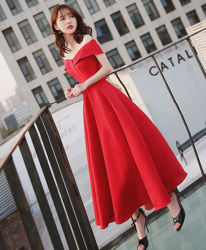 Simple Red Off Shoulder Tea Length Prom Dress, Red Evening Dress – shopluu
