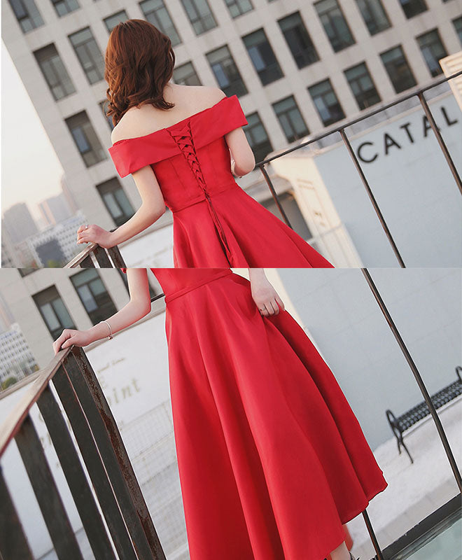 Simple Red Off Shoulder Tea Length Prom Dress, Red Evening Dress – shopluu