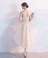 Champagne Tulle Lace Short Prom Dress, High Low Evening Dress