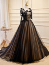 A-Line Tulle Lace Black Long Prom Dress,