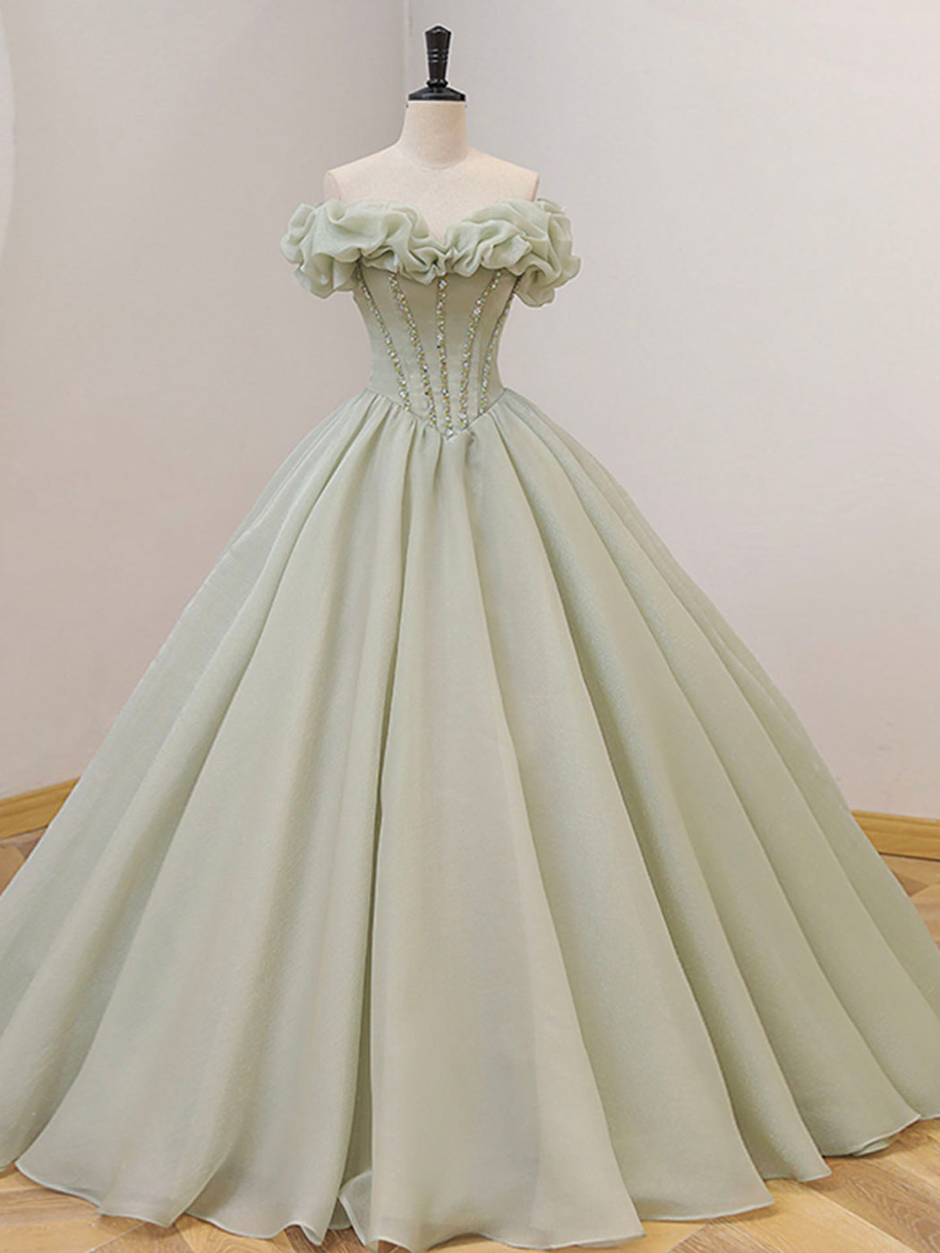 Green Long Prom Dress, Green Tulle Formal Sweet 16 Dress with Beading