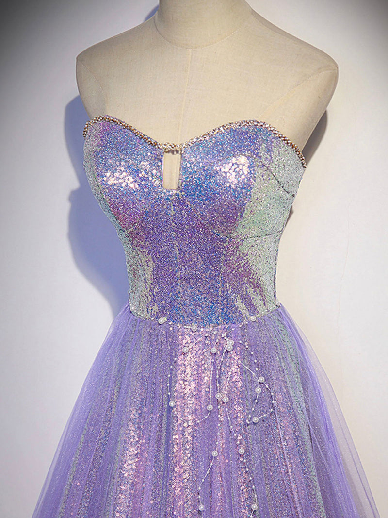 Aline Purple Sweetheart Neck Tulle Long Prom Dress, Purple Evening Dress