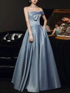 Simple A Line Satin Gray Blue Long Prom Dress, Gray Blue Long Bridesmaid Dress