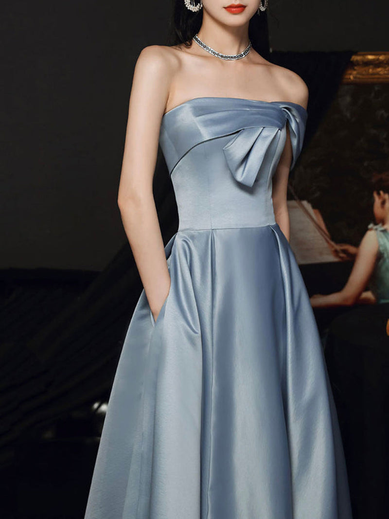 Simple A Line Satin Gray Blue Long Prom Dress, Gray Blue Long Bridesmaid Dress