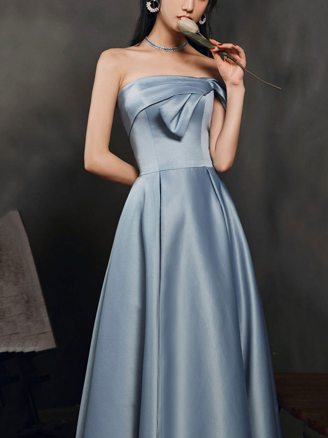 Simple A Line Satin Gray Blue Long Prom Dress, Gray Blue Long Bridesma ...