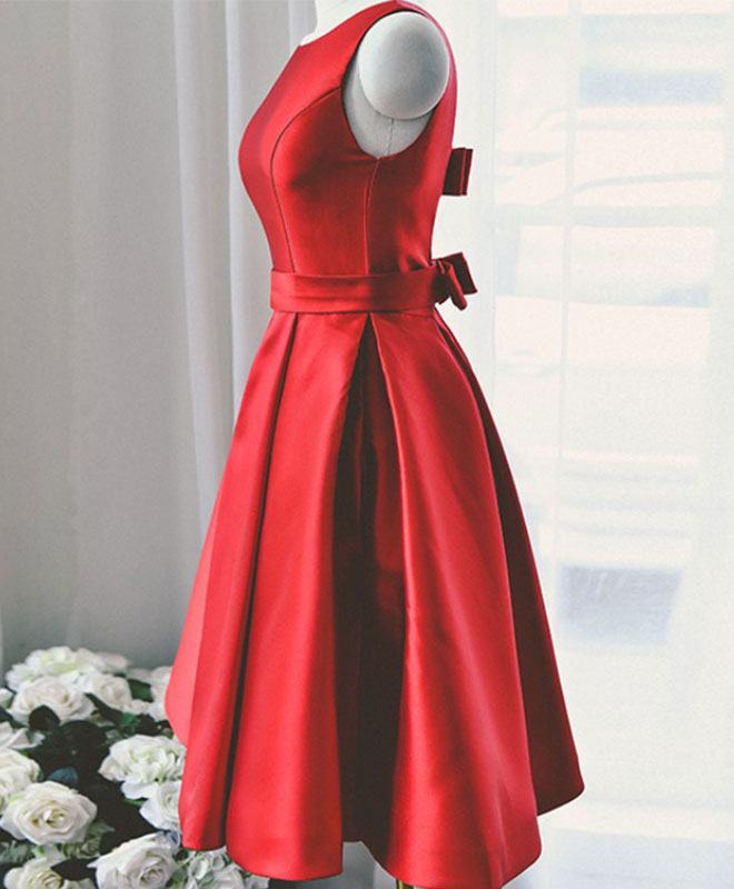 Cute Red A Line Satin Short Prom Dress, Backless Red Homecoming Dresses