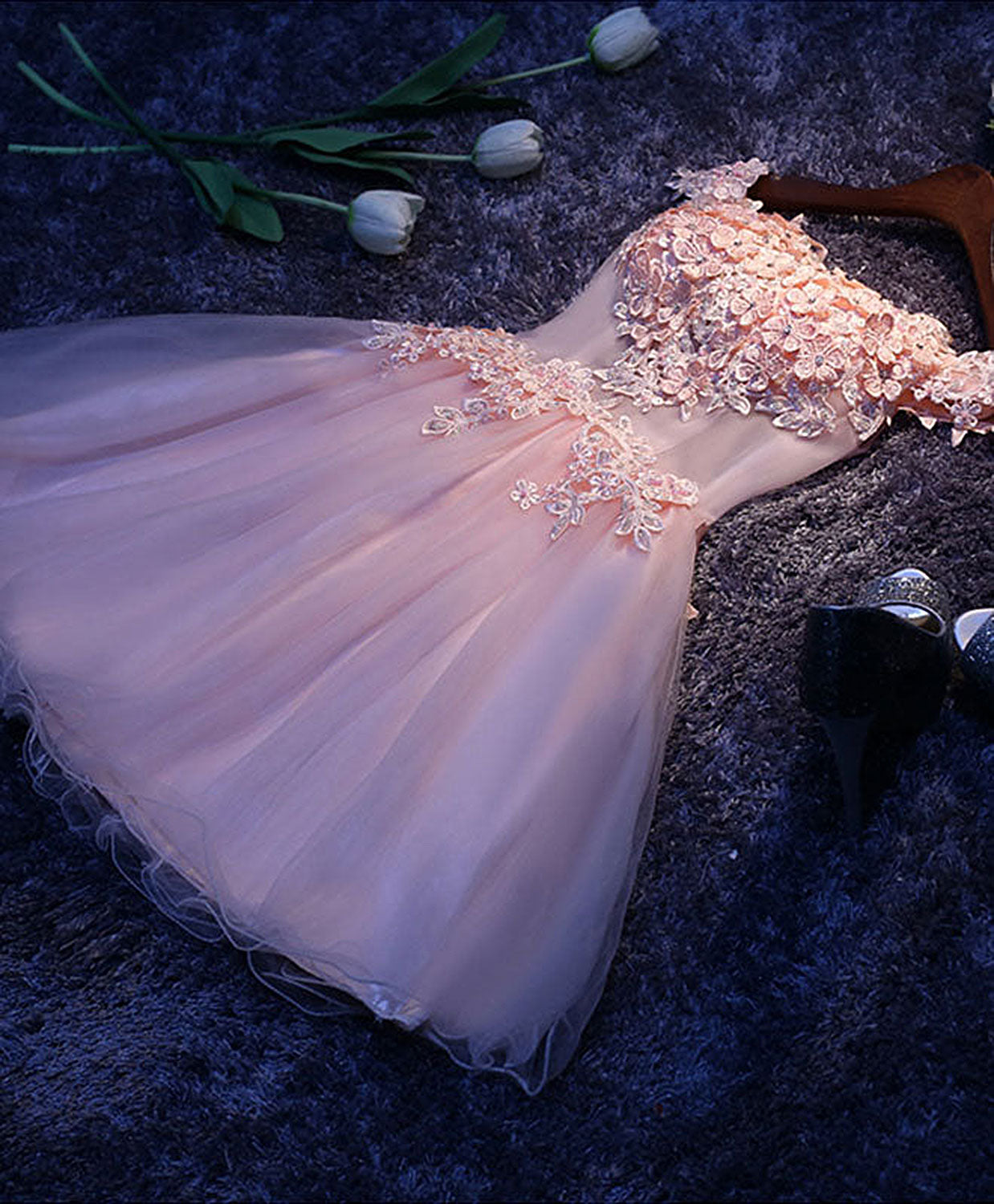 shopluu Pink Tulle 3D Flowers Long Prom Dress, Pink Long Graduation Dresses US 4 / Pink