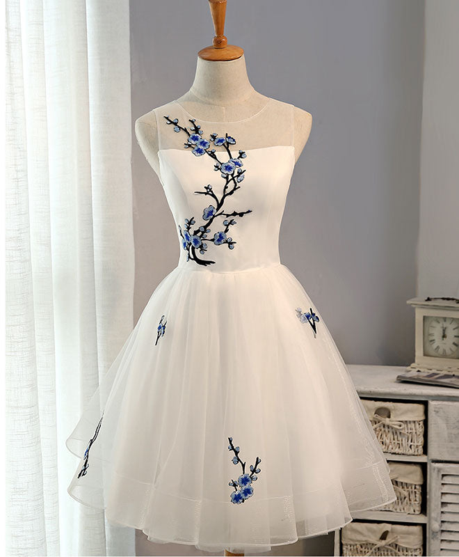 White A-Line Tulle Short Prom Dress, White Evening Dress US 16 / White