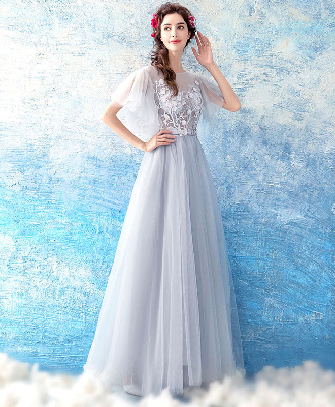 Gray Tulle Ace Long Prom Dress, Gray Evening Dress