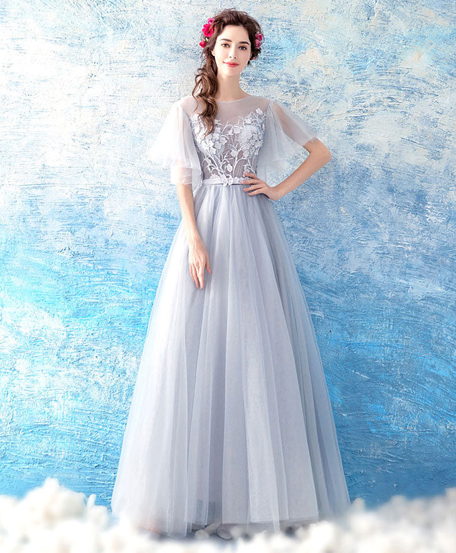 Gray Tulle Ace Long Prom Dress, Gray Evening Dress