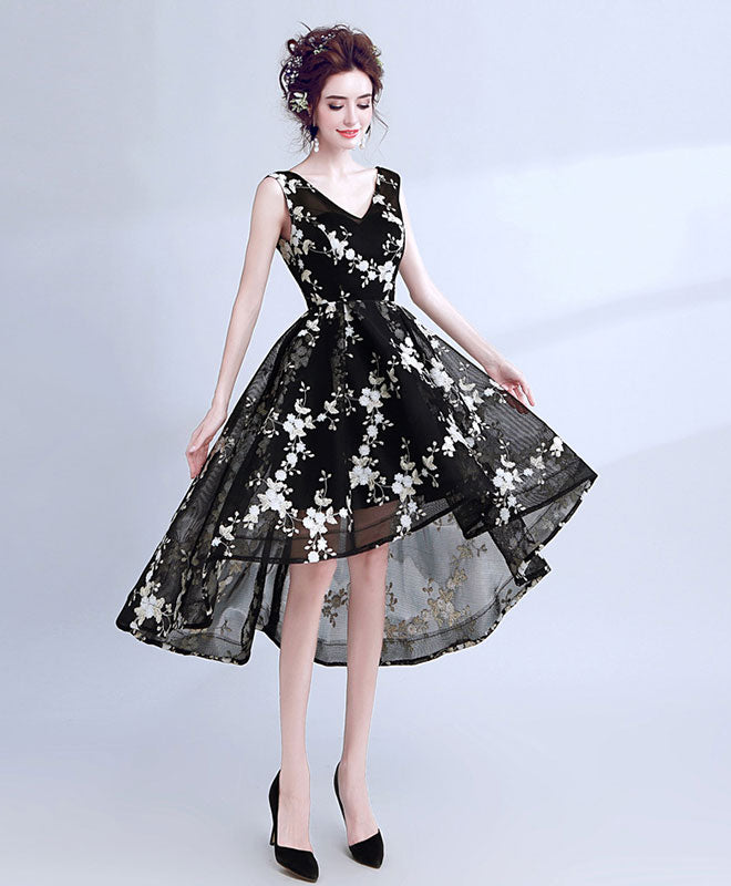 Black V Neck Lace Short Prom Dress, High Low Evening Dress