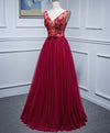 Burgundy V Neck Tulle Lace Long Prom Dress, Burgundy Evening Dress