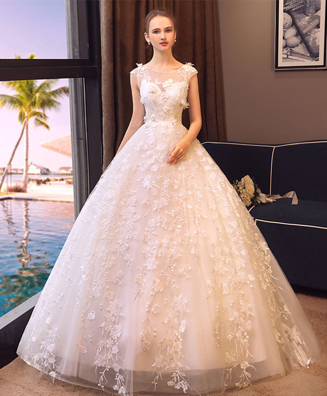 White Round Neck Lace Tulle Long Prom Dress, Wedding Dress