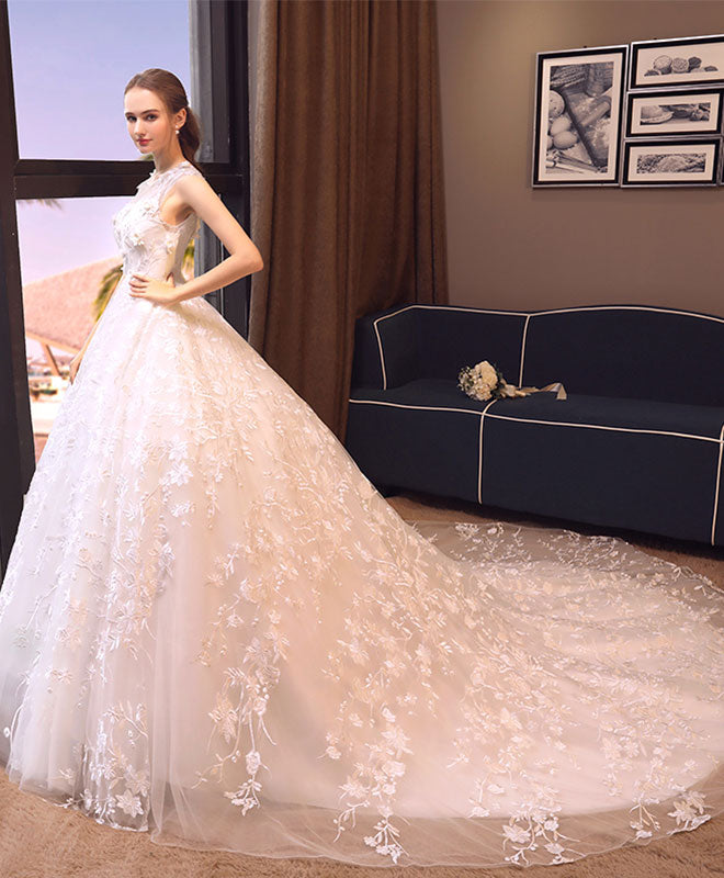 White Round Neck Lace Tulle Long Prom Dress, Wedding Dress