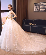 White Round Neck Lace Tulle Long Prom Dress, Wedding Dress