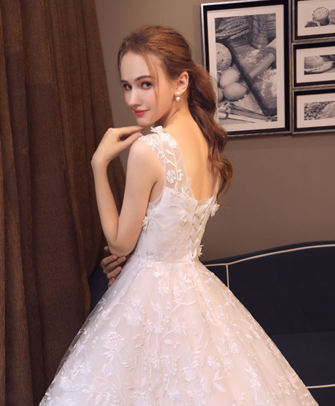 White Round Neck Lace Tulle Long Prom Dress, Wedding Dress