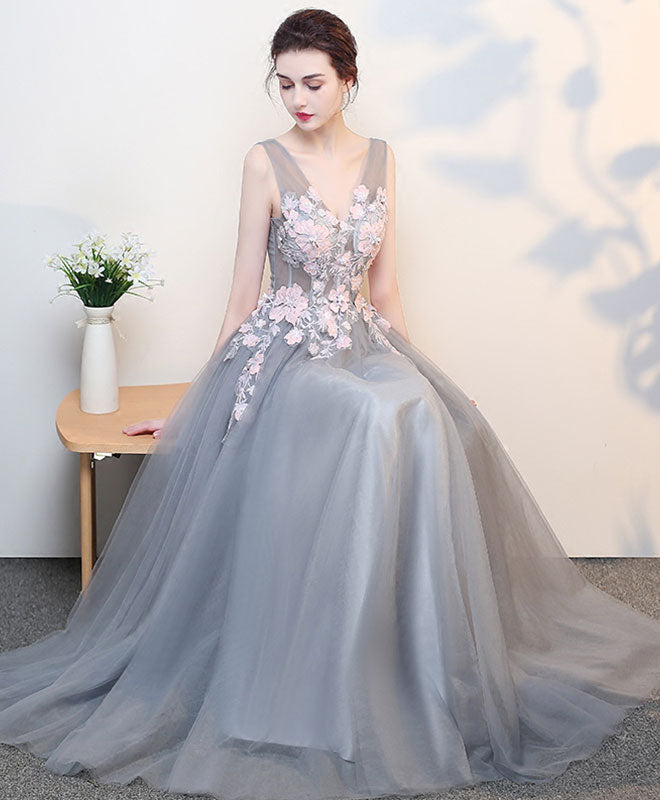 Gray V Neck Lace Long Prom Dress, Grey Evening Dress – shopluu