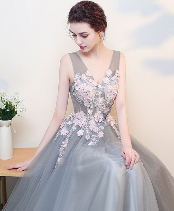 Gray V Neck Lace Long Prom Dress, Grey Evening Dress