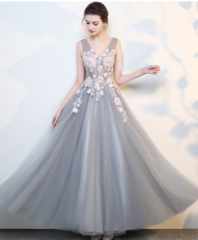 Gray V Neck Lace Long Prom Dress, Grey Evening Dress