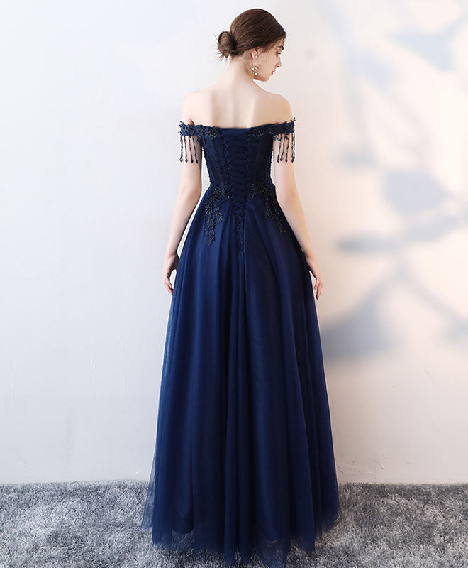 Dark Blue Tulle Beaded Long Prom Dress, Blue Evening Dress