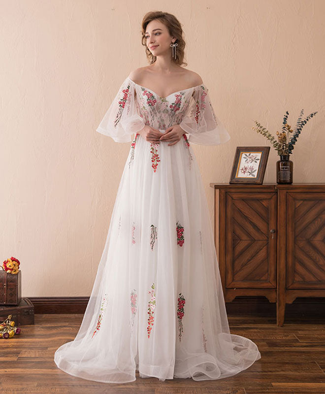 White V Neck Tulle Lace Long Prom Dress, White Evening Dress