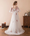 White V Neck Tulle Lace Long Prom Dress, White Evening Dress