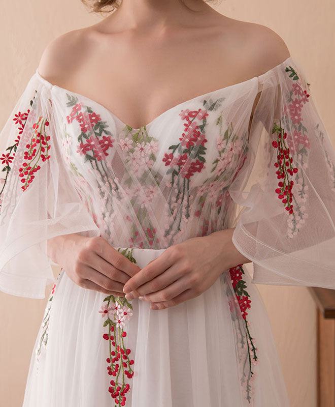 White V Neck Tulle Lace Long Prom Dress, White Evening Dress