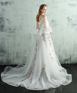 White V Neck Tulle Lace Long Prom Dress, Evening Dress