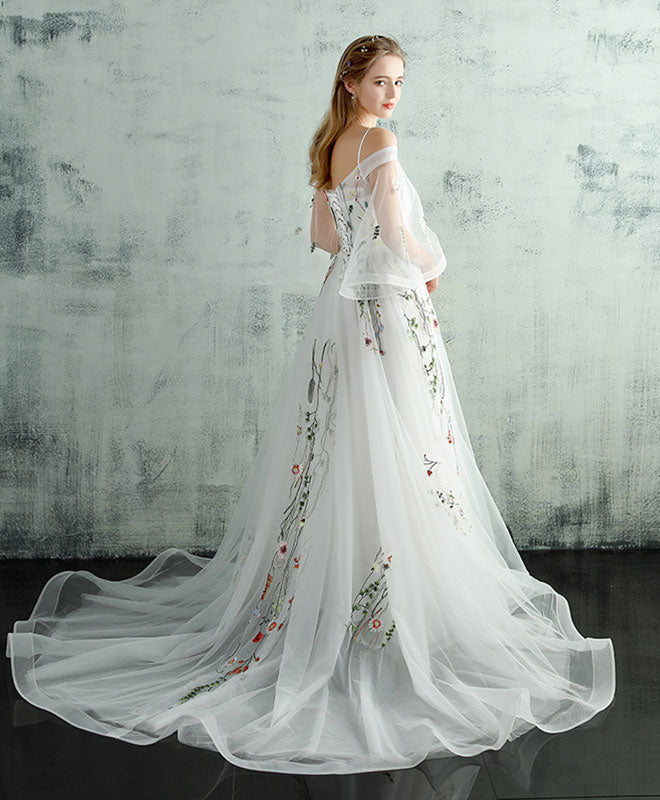 White V Neck Tulle Lace Long Prom Dress, Evening Dress – shopluu