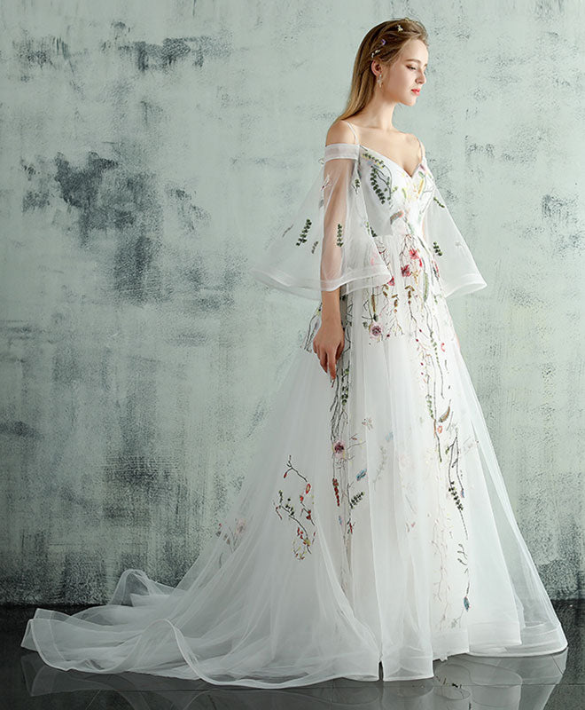 White V Neck Tulle Lace Long Prom Dress, Evening Dress