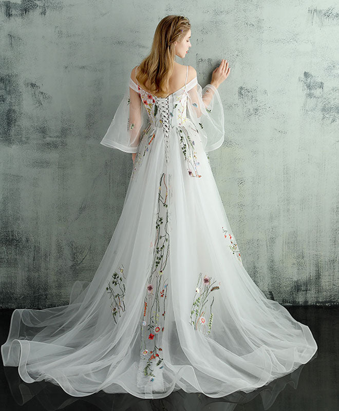 White V Neck Tulle Lace Long Prom Dress, Evening Dress – shopluu