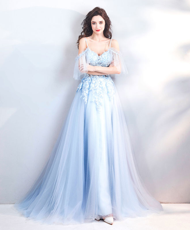 Light Blue Lace Tulle Long Prom Dress, Evening Dress